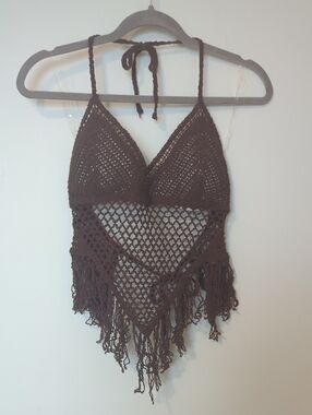 Sans Souci Brown Crochet Fringe Halter Top